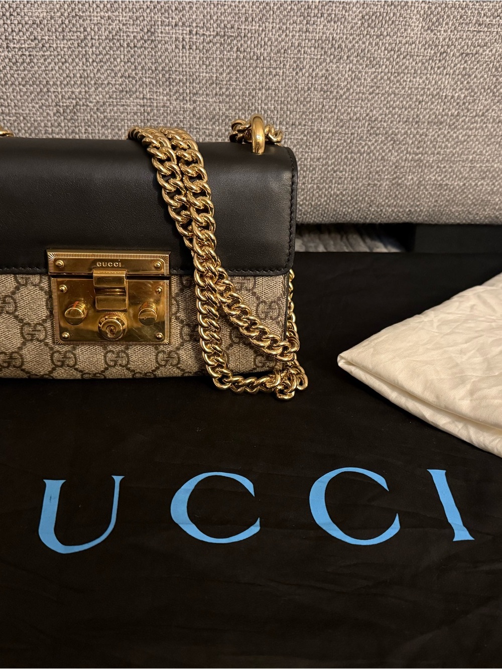 Gucci Black Leather and Beige GG Canvas Shoulder Bag with Gold Chain